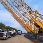 multiple heavy cranes and fleet of trucks